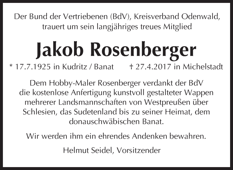  Traueranzeige für Jakob Rosenberger vom 03.06.2017 aus Trauerportal Echo Online