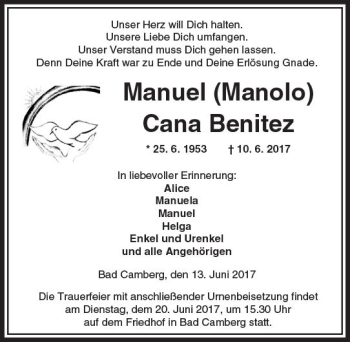 Traueranzeige von Manuel Cana Benitez von  Camberger Anzeiger