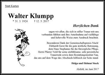 Traueranzeige von Walter Klumpp von VRM Trauer