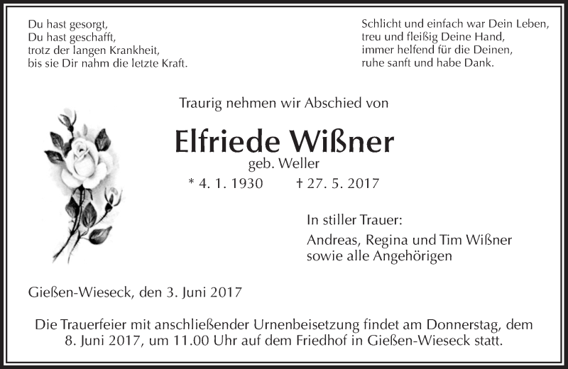  Traueranzeige für Elfriede Wißner vom 03.06.2017 aus  Gießener Anzeiger