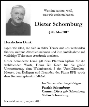 Traueranzeige von Dieter Schomburg von Trauerportal Rhein Main Presse
