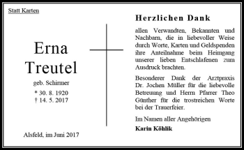Traueranzeige von Erna Treutel von VRM Trauer
