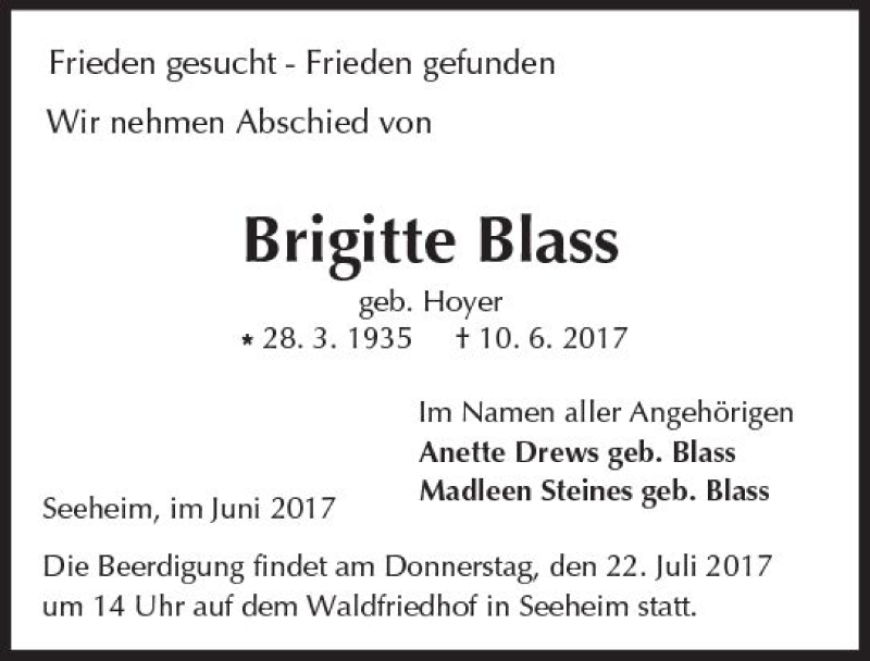  Traueranzeige für Brigitte Blass vom 17.06.2017 aus Trauerportal Echo Online