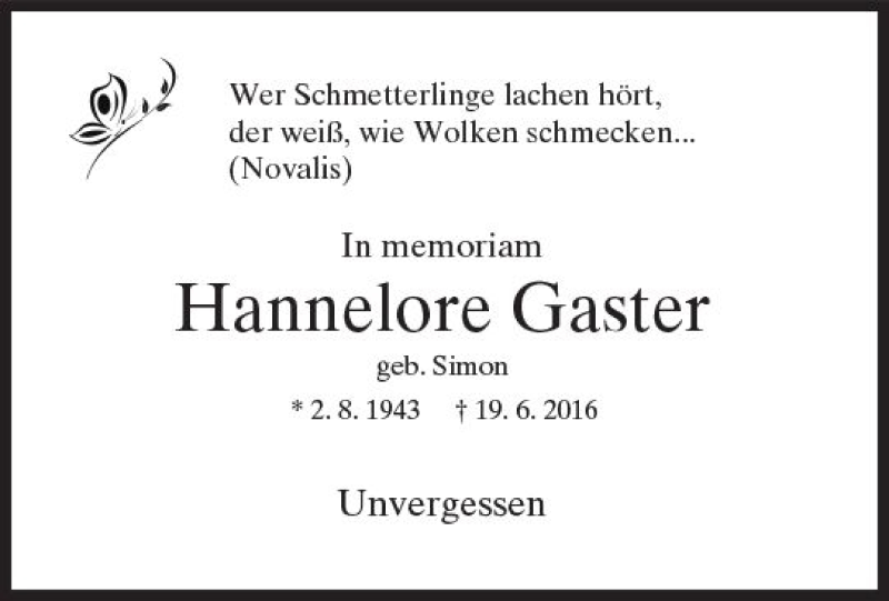  Traueranzeige für Hannelore Gaster vom 19.06.2017 aus Trauerportal Rhein Main Presse