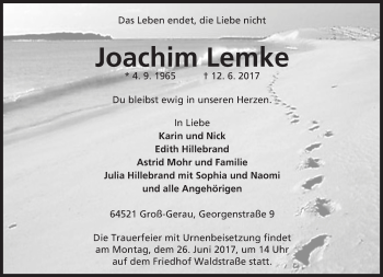 Traueranzeige von Joachim Lemke von Trauerportal Echo Online