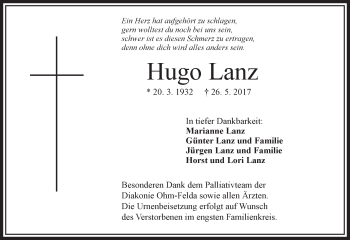 Traueranzeige von Hugo Lanz von VRM Trauer