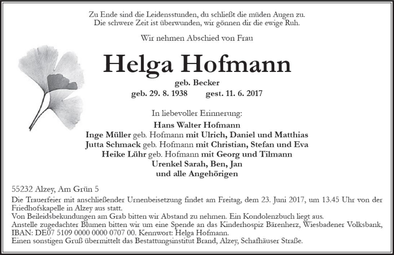  Traueranzeige für Helga Hofmann vom 17.06.2017 aus Trauerportal Rhein Main Presse