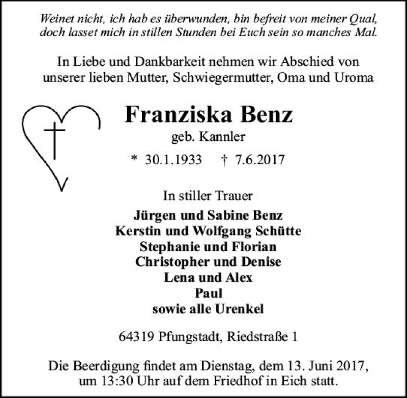  Traueranzeige für Franziska Benz vom 10.06.2017 aus Trauerportal Echo Online