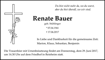 Traueranzeige von Renate Bauer von Trauerportal Echo Online