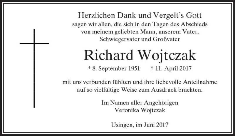  Traueranzeige für Richard Wojtczak vom 10.06.2017 aus  Usinger Anzeiger