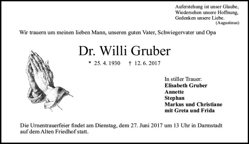  Traueranzeige für Willi Gruber vom 17.06.2017 aus Trauerportal Echo Online