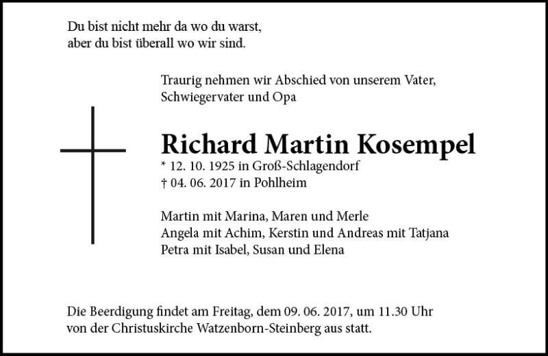  Traueranzeige für Richard Martin Kosempel vom 07.06.2017 aus  Gießener Anzeiger