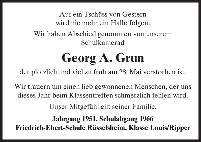  Traueranzeige für Georg A. Grun vom 06.06.2017 aus Trauerportal Rhein Main Presse