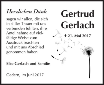 Traueranzeige von Gertrud Gerlach von  Kreisanzeiger