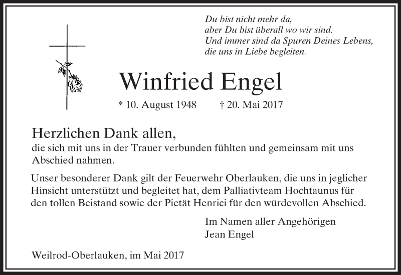  Traueranzeige für Winfried Engel vom 03.06.2017 aus  Usinger Anzeiger