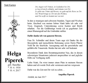 Traueranzeige von Helga Piperek von VRM Trauer