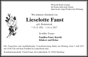 Traueranzeige von Lieselotte Faust von VRM Trauer