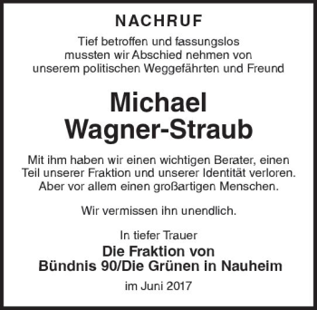 Traueranzeige von Michael Wagner-Straub von Trauerportal Rhein Main Presse