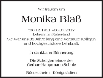 Traueranzeige von Monika Blaß von Trauerportal Rhein Main Presse