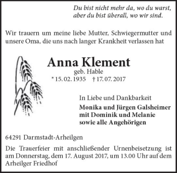 Traueranzeige von Anna Klement von Trauerportal Echo Online