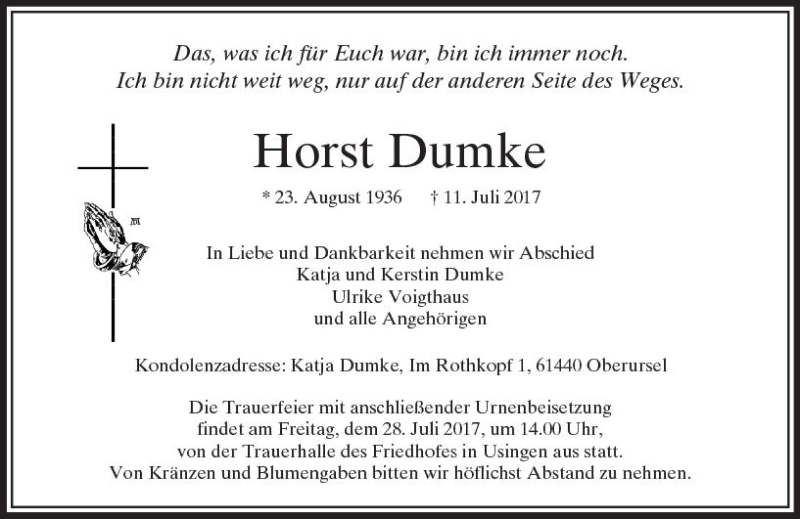  Traueranzeige für Horst Dumke vom 22.07.2017 aus  Usinger Anzeiger