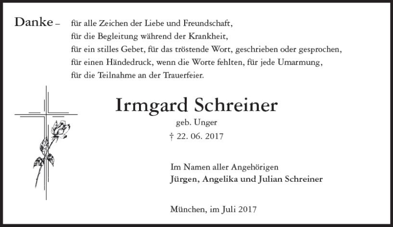  Traueranzeige für Irmgard Schreiner vom 22.07.2017 aus Trauerportal Rhein Main Presse