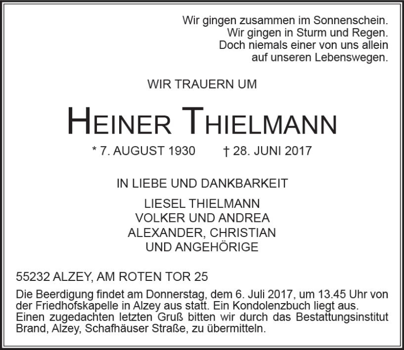  Traueranzeige für Heiner Thielmann vom 01.07.2017 aus Trauerportal Rhein Main Presse