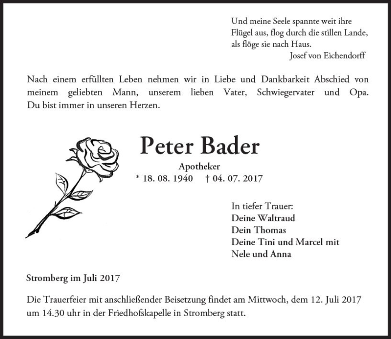  Traueranzeige für Peter Bader vom 08.07.2017 aus Trauerportal Rhein Main Presse