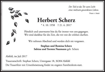 Traueranzeige von Herbert Scherz von VRM Trauer
