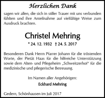 Traueranzeige von Christel Mehring von  Kreisanzeiger