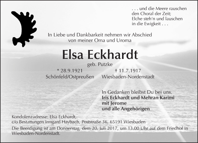  Traueranzeige für Elsa Eckhardt vom 15.07.2017 aus Trauerportal Rhein Main Presse