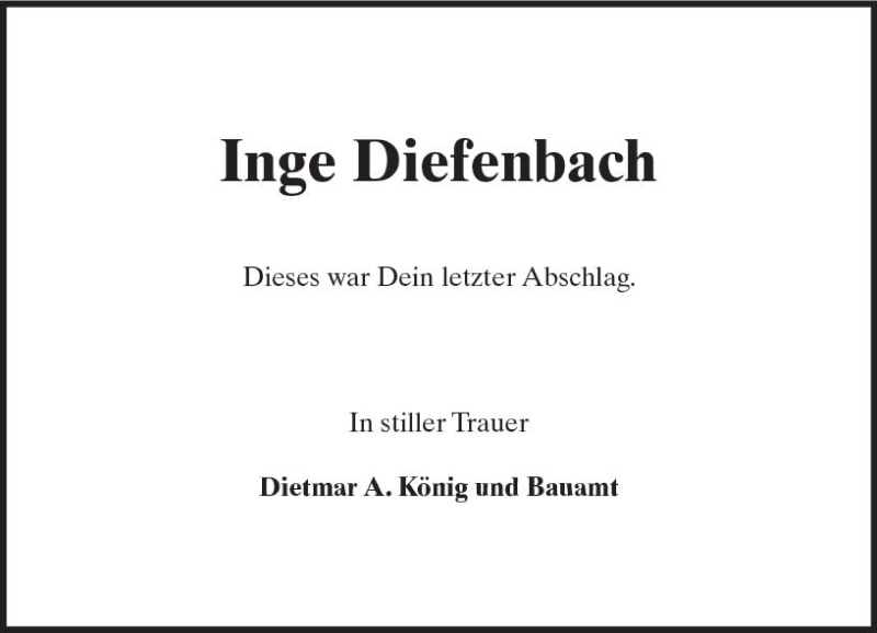  Traueranzeige für Inge Diefenbach vom 21.07.2017 aus Trauerportal Rhein Main Presse