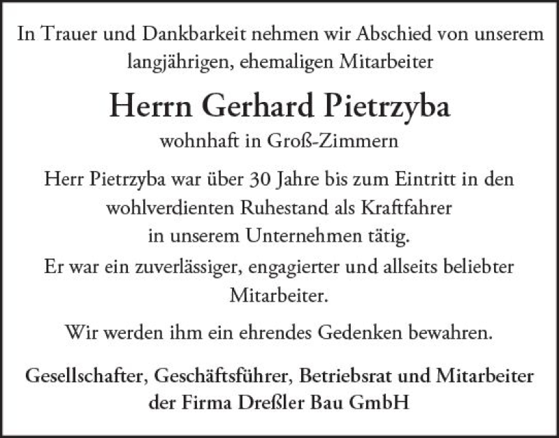  Traueranzeige für Gerhard Pietrzyba vom 15.07.2017 aus Trauerportal Echo Online
