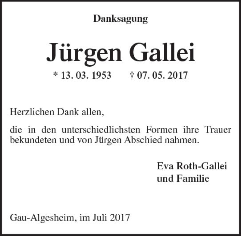  Traueranzeige für Jürgen Gallei vom 05.07.2017 aus Trauerportal Rhein Main Presse
