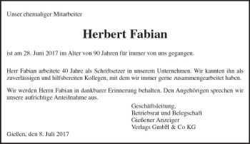 Traueranzeige von Herbert Fabian von  Gießener Anzeiger