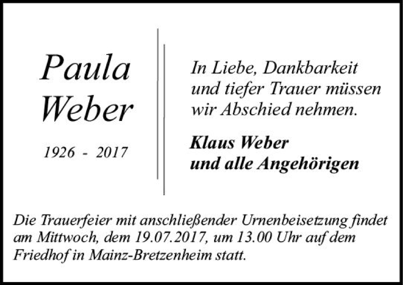  Traueranzeige für Paula Weber vom 08.07.2017 aus Trauerportal Rhein Main Presse