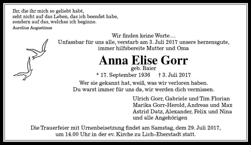  Traueranzeige für Anna Elise Gorr vom 22.07.2017 aus  Gießener Anzeiger