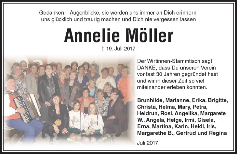  Traueranzeige für Annelie Möller vom 27.07.2017 aus VRM Trauer