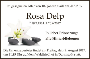 Traueranzeige von Rosa Delp von Trauerportal Echo Online
