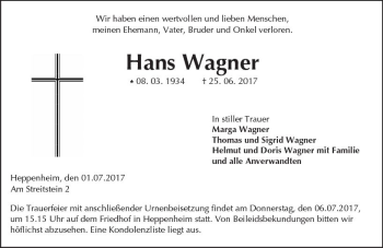 Traueranzeige von Hans Wagner von Trauerportal Echo Online
