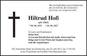 Traueranzeige von Hiltrud Hoß von Trauerportal Echo Online