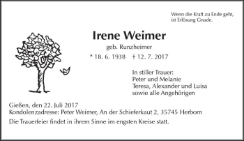 Traueranzeige von Irene Weimer von  Gießener Anzeiger