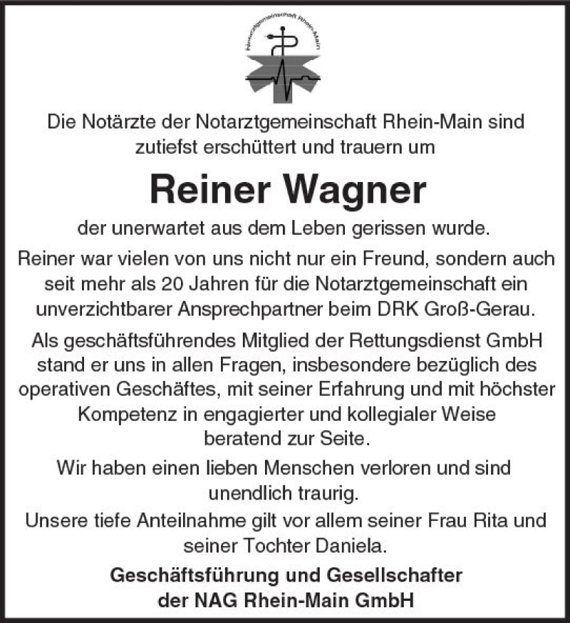  Traueranzeige für Reiner Wagner vom 05.07.2017 aus Trauerportal Echo Online