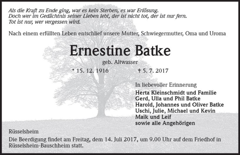  Traueranzeige für Ernestine Batke vom 08.07.2017 aus Trauerportal Rhein Main Presse