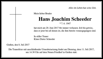 Traueranzeige von Hans Joachim Scheeder von  Gießener Anzeiger