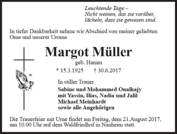 Traueranzeige von Margot Müller von Trauerportal Echo Online