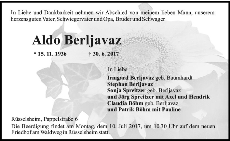 Traueranzeige für Aldo Berljavaz vom 05.07.2017 aus Trauerportal Rhein Main Presse