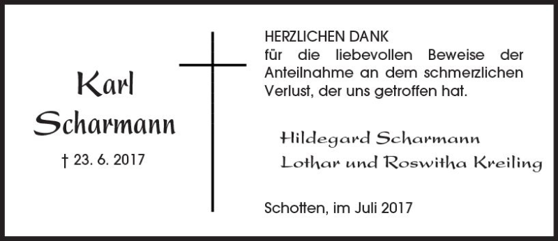  Traueranzeige für Karl Scharmann vom 22.07.2017 aus  Kreisanzeiger