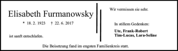 Traueranzeige von Elisabeth Furmanowsky von Trauerportal Echo Online