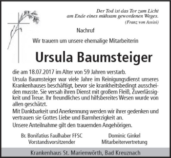 Traueranzeige von Ursula Baumsteiger von Trauerportal Rhein Main Presse